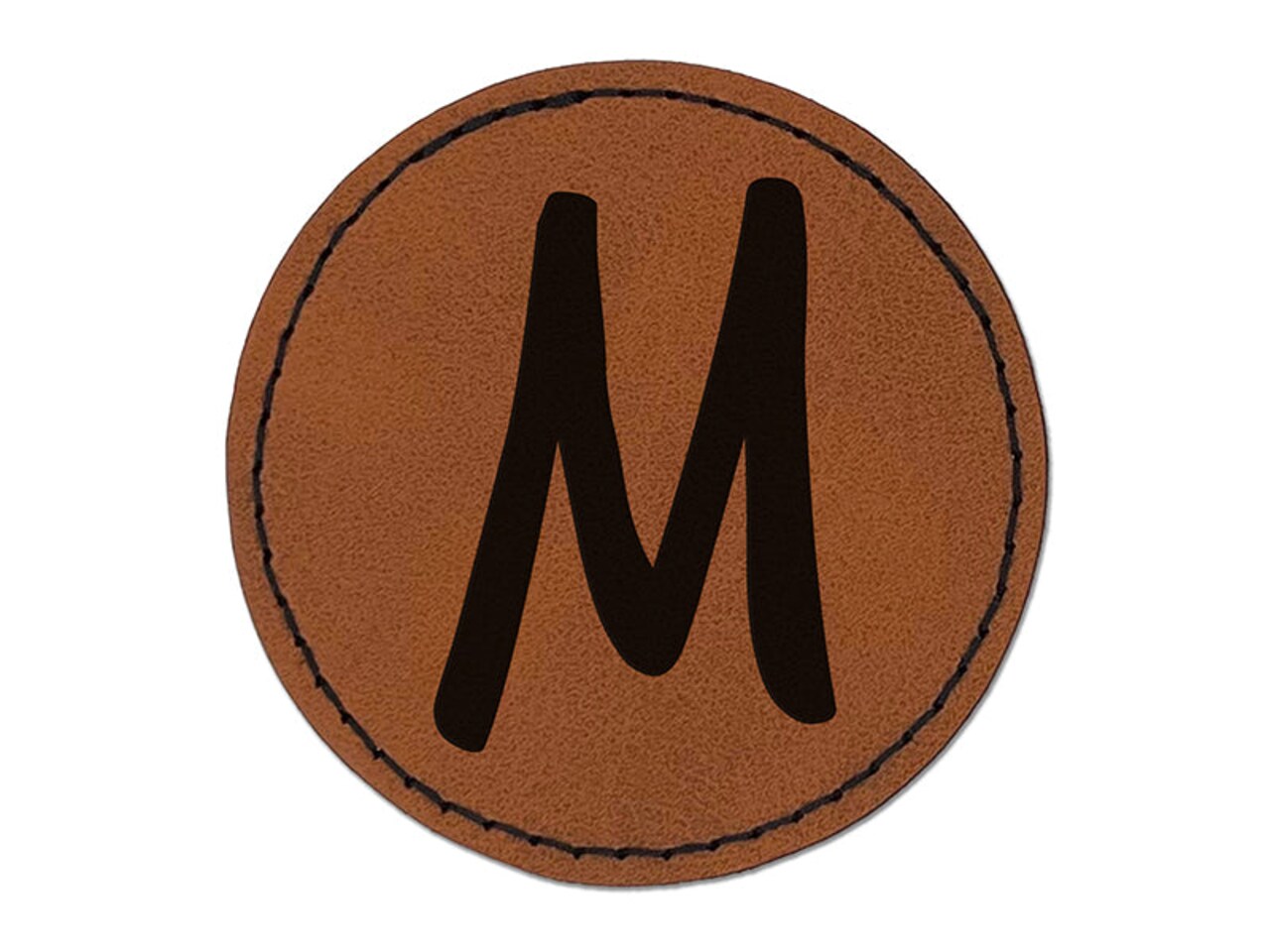 Letter M Uppercase Felt Marker Font Round Iron-On Engraved Faux Leather Patch Applique - 2.5"